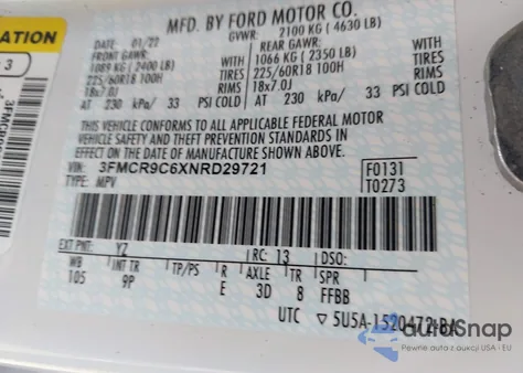 2022 Ford Bronco Sport Outer Banks z USA, uszkodzony, nr VIN 3FMCR9C6XNRD29721